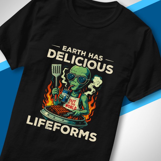 UFO Space BBQ Grill Earth Lifeforms Funny Alien T-Shirt (Creator Uploaded)