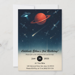 UFO & Space Station Galaxy Illustration Birthday Invitation