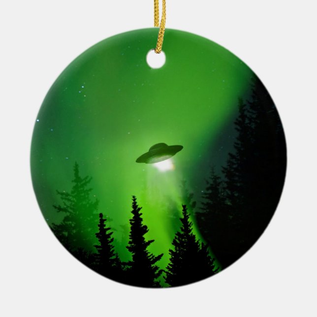 UFO with Northern Lights Ceramic Tree Decoration (Front)