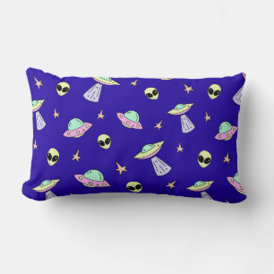 UFOs, Alien Faces, and Stars on Blue Background Lumbar Cushion
