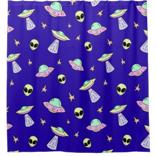 UFOs, Alien Faces, and Stars on Blue Background Shower Curtain