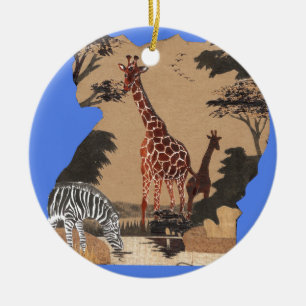 Uganda Wildlife Map Art Print Ceramic Tree Decoration