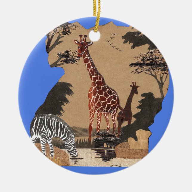 Uganda Wildlife Map Art Print Ceramic Tree Decoration (Front)