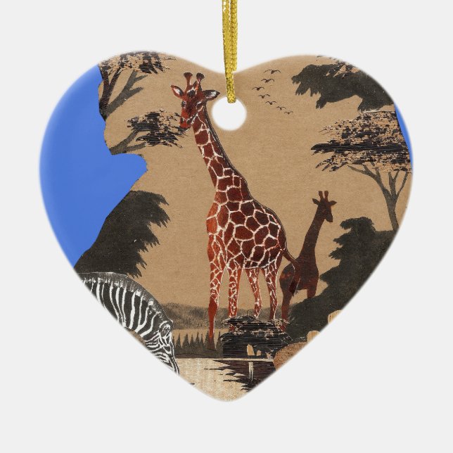 Uganda Wildlife Map Art Print Ceramic Tree Decoration (Front)