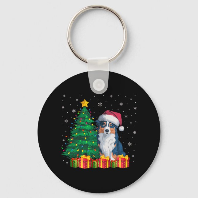Ugly Australian Shepherd Santa Hat Christmas Light Key Ring (Front)