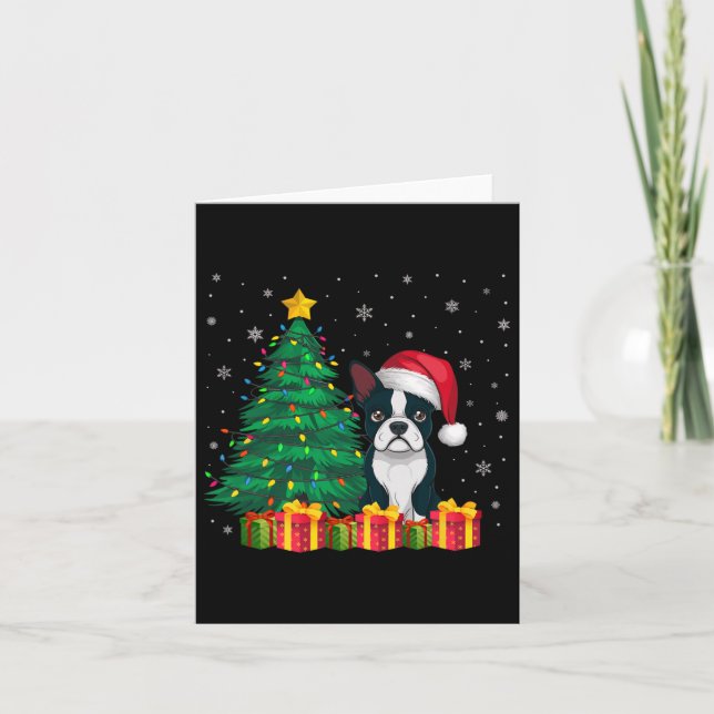 Ugly Boston Terrier Santa Hat Christmas Lights Dog Card (Front)