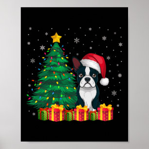 Ugly Boston Terrier Santa Hat Christmas Lights Dog Poster