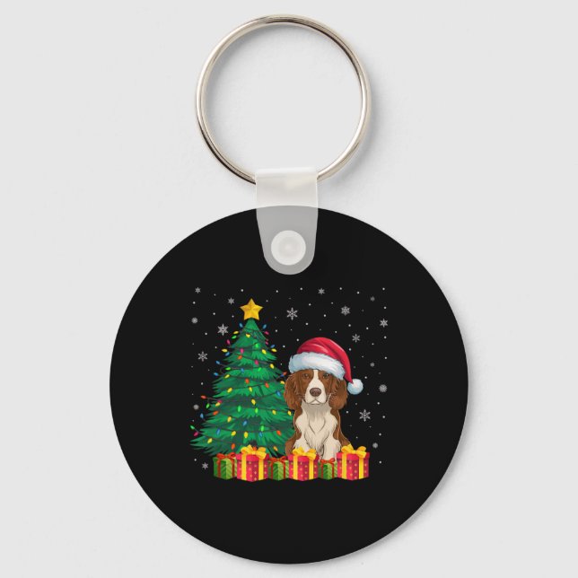 Ugly Brittany Spaniel Santa Hat Christmas Lights D Key Ring (Front)