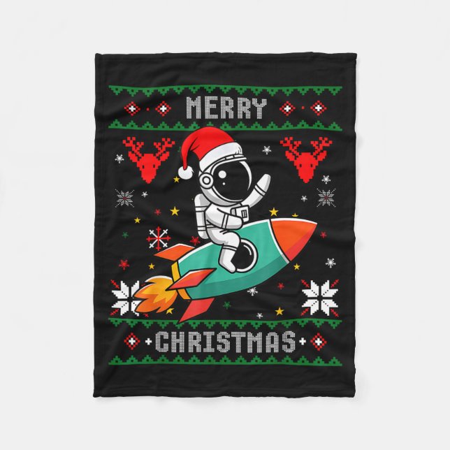 Ugly Christmas Astronaut Riding Rocket Santa Hat T Fleece Blanket (Front)