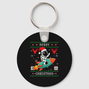 Ugly Christmas Astronaut Riding Rocket Santa Hat T Key Ring