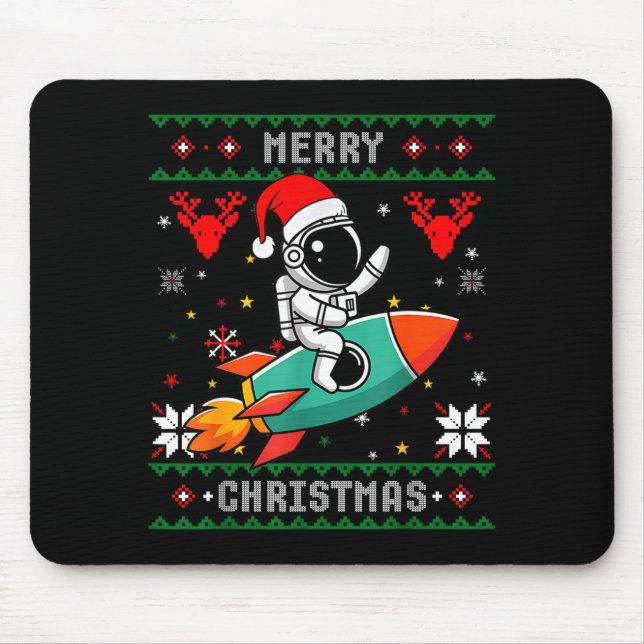 Ugly Christmas Astronaut Riding Rocket Santa Hat T Mouse Pad (Front)