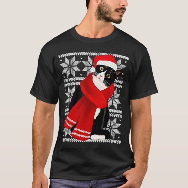 Ugly Christmas Black Cat Santa Hat F Holiday Cute  T-Shirt (Front)