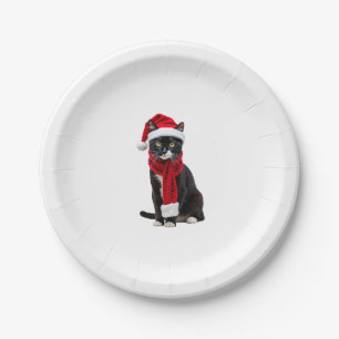 Ugly Christmas Black Cat Santa Hat Scarf Holiday C Paper Plate
