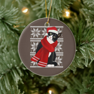 Ugly Christmas Black Cat Santa Hat Scarf Holiday Ceramic Tree Decoration