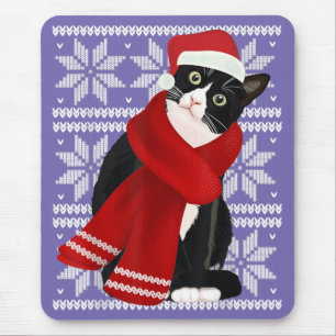 Ugly Christmas Black Cat Santa Hat Scarf Holiday Mouse Pad