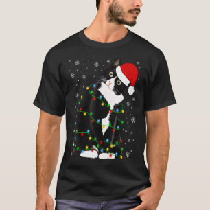 Ugly Christmas Cat Christmas Tree Santa Hat Lights T-Shirt