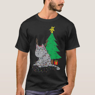 Ugly Christmas Cat Fairy Lights Christmas Tree T-Shirt
