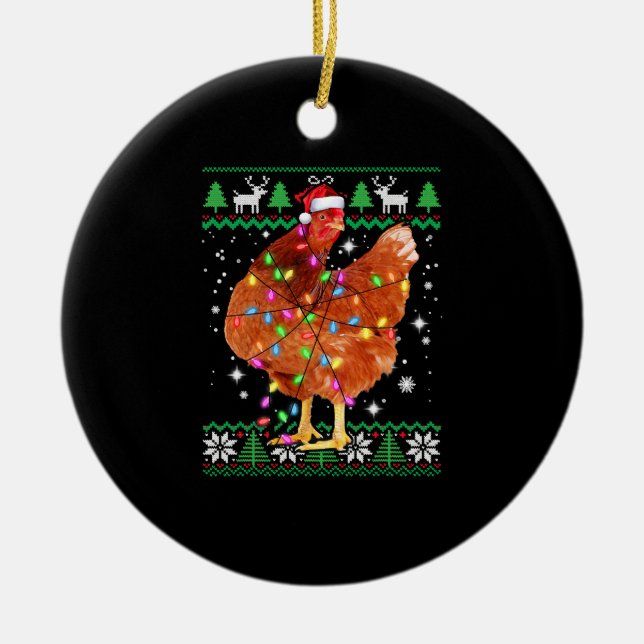 Ugly Christmas Chicken Santa Hat Lights Ceramic Tree Decoration (Front)