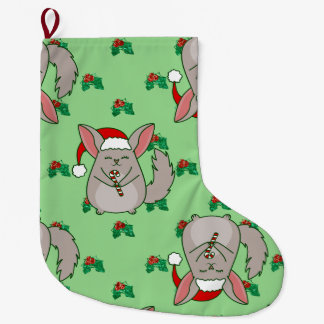 ugly christmas Chinchilla santa claus holly Large Christmas Stocking