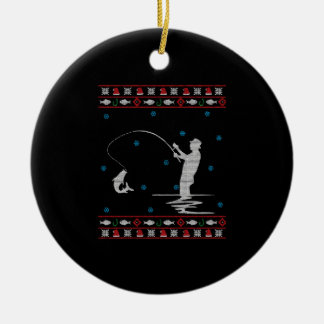 Ugly Christmas Fisherman Fishing Rod Ceramic Tree Decoration