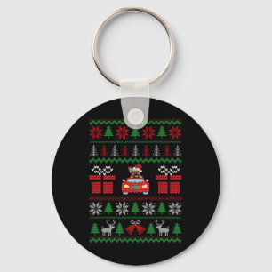 Ugly Christmas French Bulldog Riding Car Red Santa Key Ring