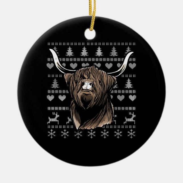 Ugly Christmas Highland Cow Ceramic Tree Decoration (Front)