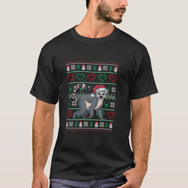 Ugly Christmas Lemur Wearing Santa Hat Xmas Pajama T-Shirt (Front)