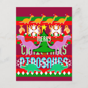 Ugly Christmas Pattern Cute Cartoon Dinosaurs Holiday Postcard
