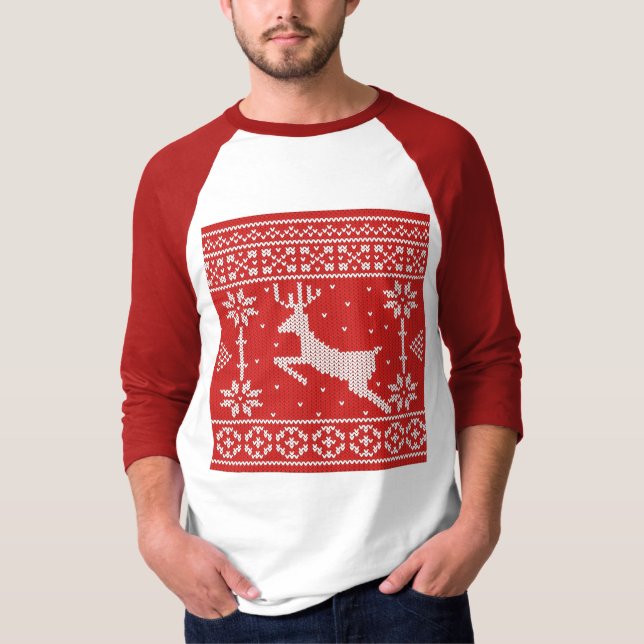 Ugly Christmas Reindeer Knitted Pattern In Red T-Shirt (Front)