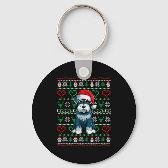 Ugly Christmas Schnauzer Dog Wearing Santa Hat Xma Key Ring (Front)
