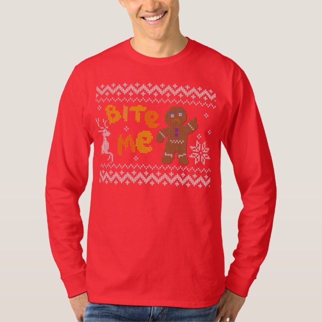 Ugly Christmas Sweater: Bite Me Gingerbread Man T-Shirt (Front)