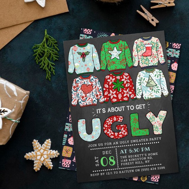 Ugly Christmas Sweater Chalkboard Holiday Party Invitation (Creator Uploaded)