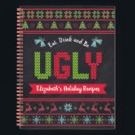 Ugly Christmas Sweater Chalkboard Recipe Cookbook Notebook<br><div class="desc">“Eat, drink and be ugly.” Here’s a wonderful way to keep track of all your favourite holiday recipes. Easily access your holiday culinary adventures with this unique, whimsical, modern, custom name Christmas recipe spiral notebook. A cute, Nordic knit fair isle pattern of whimsical trees, reindeer, ornaments, along with playful “sweater”...</div>