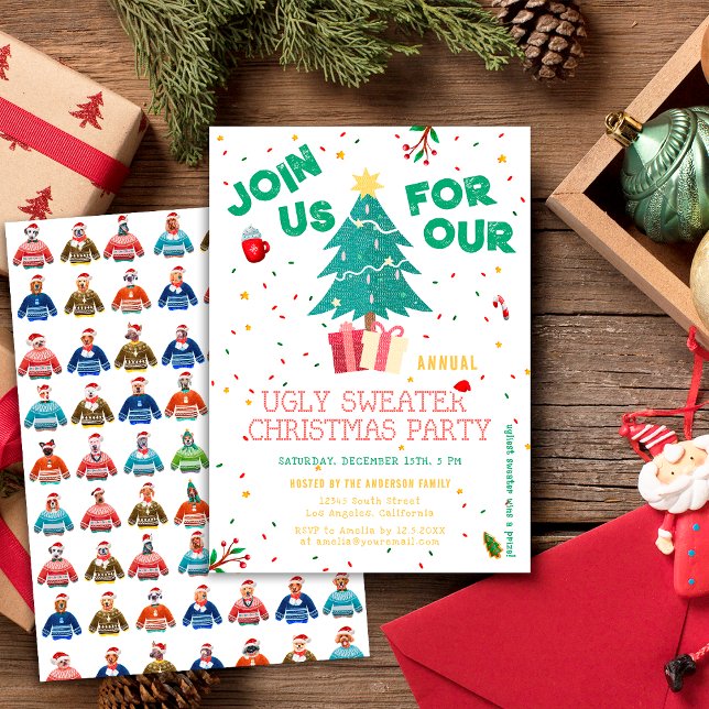 Ugly Christmas Sweater Cute Dog Holiday Party Invitation (Creator Uploaded)