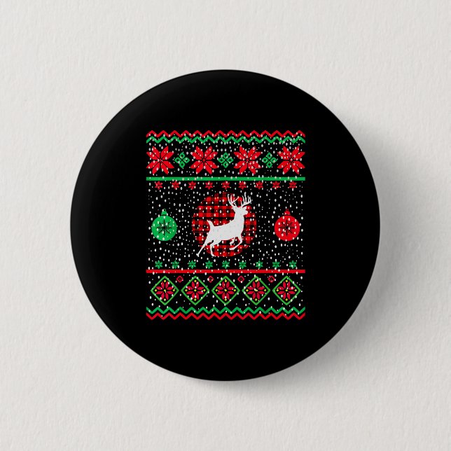 Ugly Christmas Sweater Design Plaid Reindeer  6 Cm Round Badge (Front)