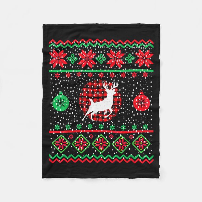 Ugly Christmas Sweater Design Plaid Reindeer  Fleece Blanket (Front)