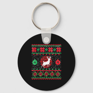 Ugly Christmas Sweater Design Plaid Reindeer Key Ring