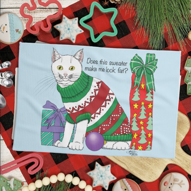 Ugly Christmas Sweater Funny Cat Tea Towel (Creator Uploaded)