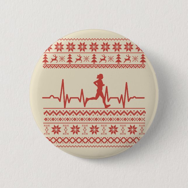 Ugly Christmas sweater heartbeat running run 6 Cm Round Badge (Front)