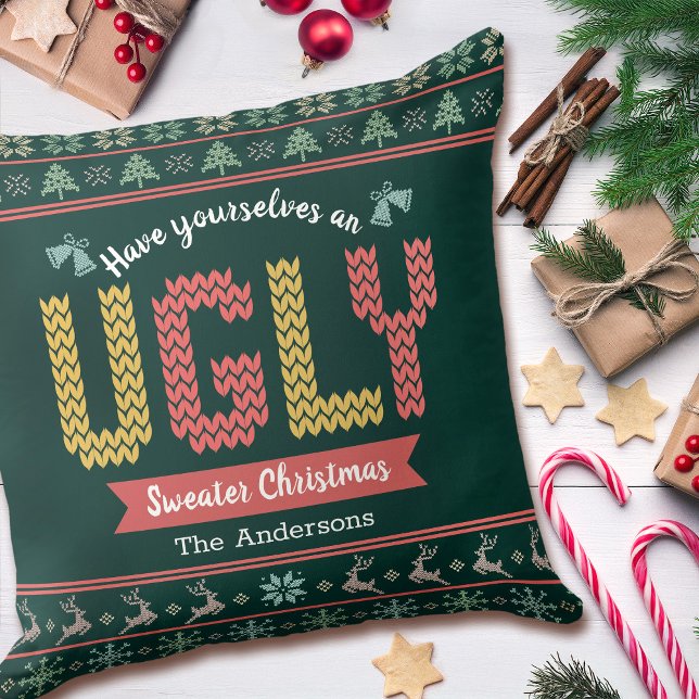 Ugly Christmas Sweater Hunter Green Nordic Knit  Cushion (Creator Uploaded)
