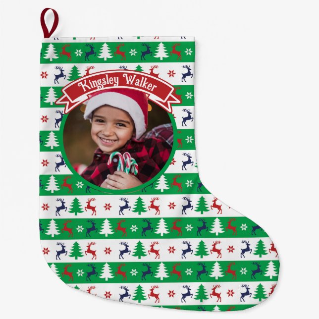 Ugly Christmas Sweater Jumper Family Photo  Large Christmas Stocking (Front)