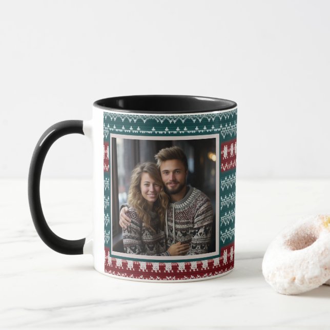 Ugly Christmas Sweater Knit Pattern Personalised Mug (With Donut)