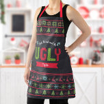 Ugly Christmas Sweater Nordic Knit Name Chalkboard<br><div class="desc">“Eat, drink and be ugly.” Here’s a wonderful way add to the fun of your holiday baking. Add extra sparkle to your holiday culinary adventures whenever you wear this unique, whimsical, modern, custom name Christmas apron. A cute, Nordic knit fair isle pattern of whimsical trees, reindeer, ornaments, along with playful...</div>