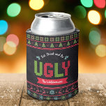 Ugly Christmas Sweater Nordic Knit Name Chalkboard<br><div class="desc">“Eat, drink and be ugly.” Celebrate the holiday season in “style” with this unique, fun can cooler! A cute, Nordic knit fair isle pattern of whimsical trees, reindeer, ornaments, along with playful “sweater” typography in red, green and aqua blue, overlay a chalkboard background. Personalise with your name. Feel the warmth...</div>