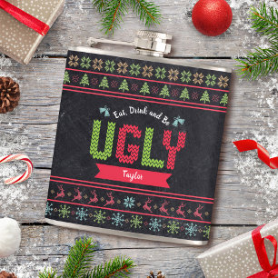 Ugly Christmas Sweater Nordic Knit Name Chalkboard Hip Flask