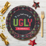 Ugly Christmas Sweater Nordic Knit Name Chalkboard Paper Plate<br><div class="desc">“Eat, drink and be ugly.” Celebrate the holiday season in “style” with this fun, unique, holiday party paper plate! A cute, Nordic knit fair isle pattern of whimsical trees, reindeer, ornaments, along with playful “sweater” typography in red, green and aqua blue, overlay a chalkboard background. Personalise with your name. Your...</div>