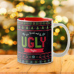 Ugly Christmas Sweater Nordic Knit Name Chalkboard Two-Tone Coffee Mug<br><div class="desc">“Eat, drink and be ugly.” Celebrate the holiday season in “style” with this unique, fun coffee mug! A cute, Nordic knit fair isle pattern of whimsical trees, reindeer, ornaments, along with playful “sweater” typography in red, green and aqua blue, overlay a chalkboard background. Personalise with your name. Feel the warmth...</div>