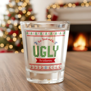 Ugly Christmas Sweater Nordic Red Green Knit Name Shot Glass