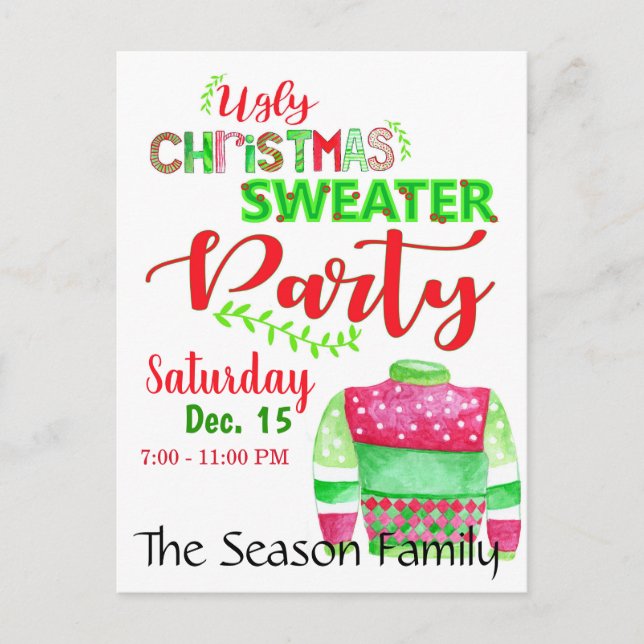Ugly Christmas Sweater Party Invitation Postcard (Front)