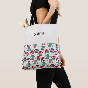 Ugly Christmas Sweater Party Supplies Green Name Tote Bag